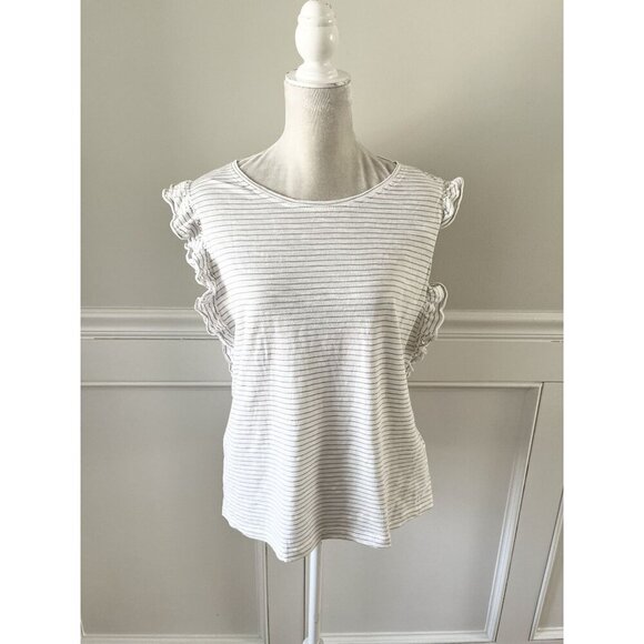 Susina XL White Ruffle Sleeve Tank Top With Gray Stripes Cotton Blend EUC - Picture 1 of 5